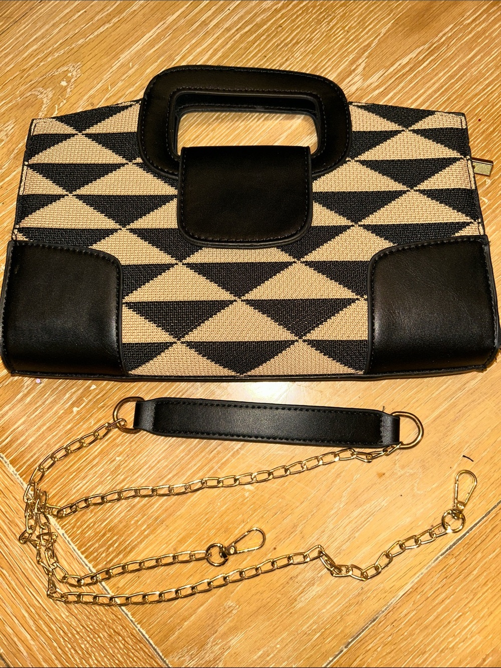 Black & Tan Geometric Clutch with Gold Chain